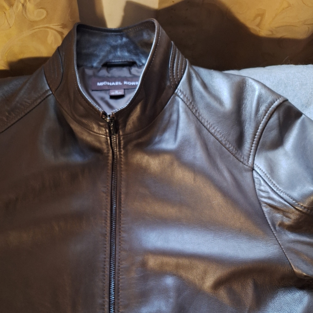 Michael Kors Dark Brown Leather Bomber Jacket
